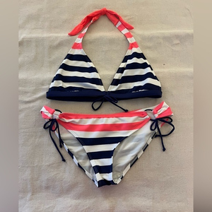 Body Glove Blue Coral White Striped Teeny Bikini‎ Size Large